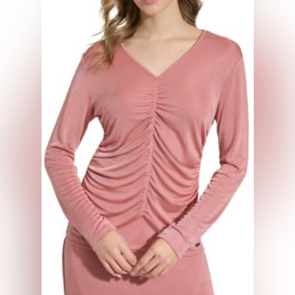 Calvin Klein Pink Shimmer Ruched V-Neck Long Sleeve Top Sz Med NWT
